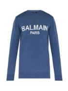 Matchesfashion.com Balmain - Logo Intarsia Wool Sweater - Mens - Blue