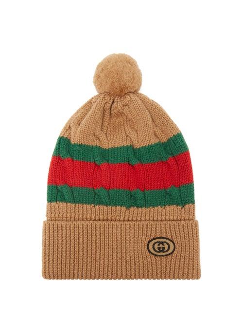 Gucci - Gg-patch Web Stripe Wool Bobble Hat - Womens - Camel