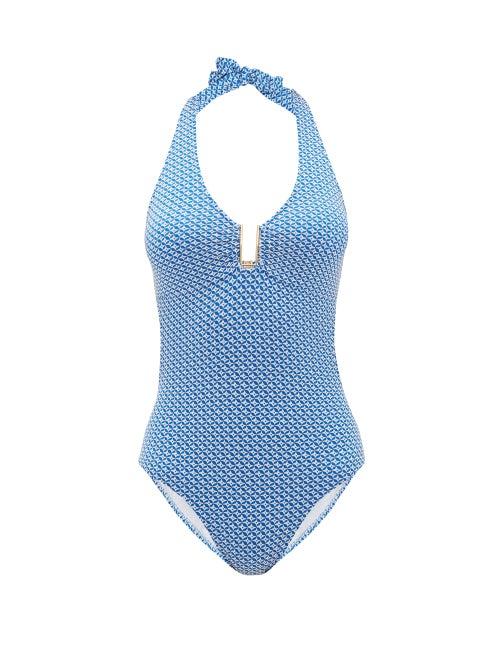 Matchesfashion.com Melissa Odabash - Sahara Halterneck Mosaic-jacquard Swimsuit - Womens - Blue Print