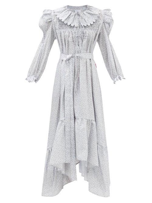Horror Vacui - Defensia Floral-print Ruffled Cotton-poplin Dress - Womens - Blue Multi