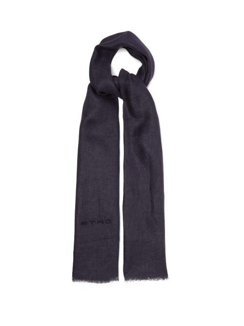 Matchesfashion.com Etro - Eyelash-fringed Linen Scarf - Mens - Blue