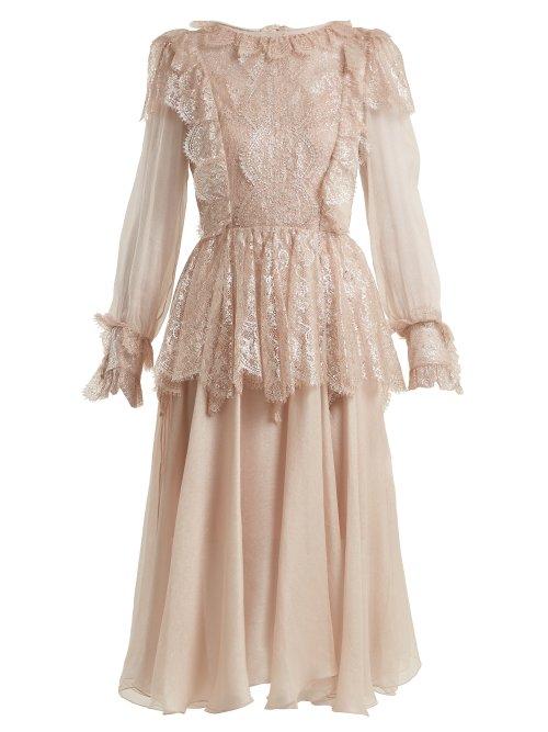 Matchesfashion.com Maria Lucia Hohan - Fleur Lace Trimmed Silk Mousseline Dress - Womens - Light Pink