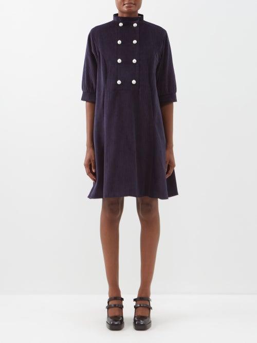 Batsheva - Beray Stand-neck Cotton-corduroy Dress - Womens - Dark Navy