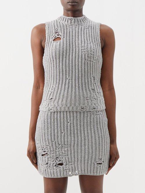 Jw Anderson - Distressed High-neck Cotton-blend Top - Womens - Grey