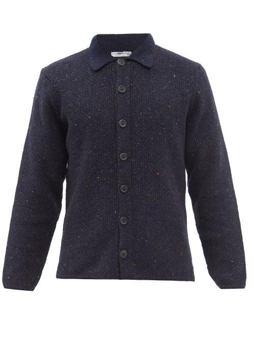 Inis Mein - Moss-stitch Merino Wool-blend Cardigan - Mens - Navy