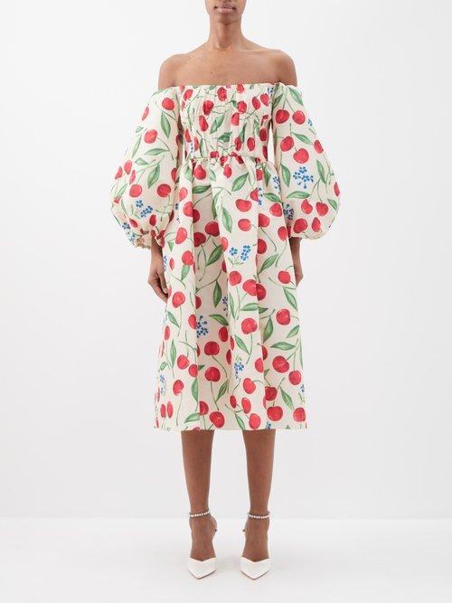 Carolina Herrera - Cherry-print Off-the-shoulder Faille Dress - Womens - White Multi