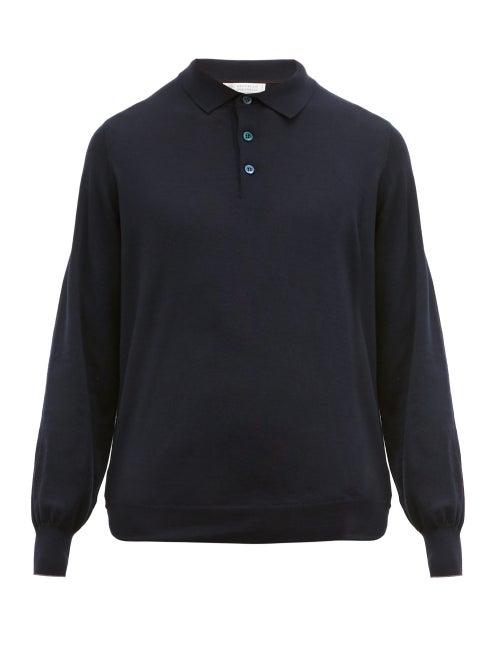 Matchesfashion.com Brunello Cucinelli - Virgin Wool Blend Polo Sweater - Mens - Navy