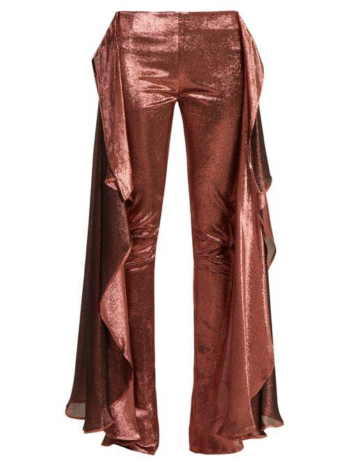 Matchesfashion.com Paula Knorr - Relief High Rise Ruffled Silk Blend Lam Trousers - Womens - Gold