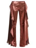 Matchesfashion.com Paula Knorr - Relief High Rise Ruffled Silk Blend Lam Trousers - Womens - Gold