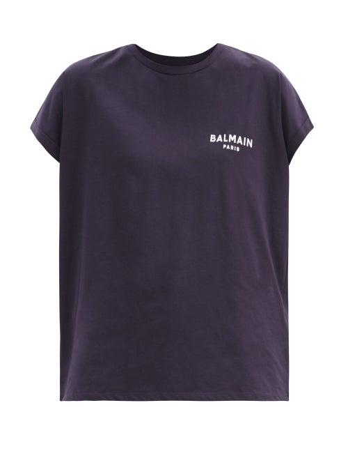 Matchesfashion.com Balmain - Logo-print Cotton-jersey Cap-sleeve T-shirt - Womens - Navy Multi