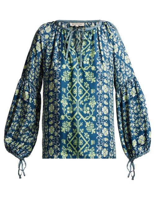 Matchesfashion.com D'ascoli - Toscana Balloon Sleeve Silk Top - Womens - Navy Multi