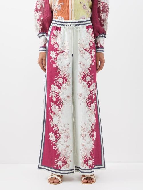 Ale Mais - Marlow Floral-print Linen Trousers - Womens - Burgundy Multi
