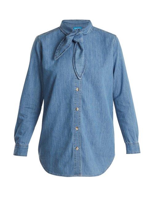 Matchesfashion.com M.i.h Jeans - Booker Neck Tie Cotton Denim Shirt - Womens - Mid Blue