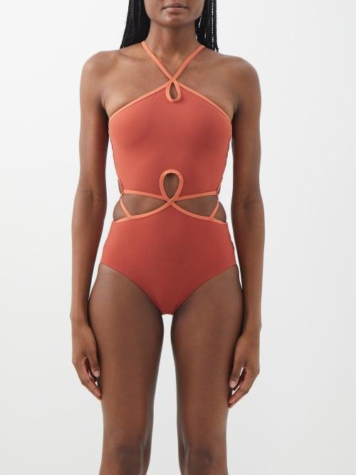 Christopher Esber - Looped Cutout Halterneck Swimsuit - Womens - Terracotta Multi