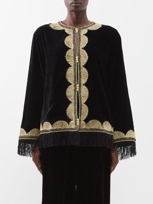 Fil De Vie - Martine Fringed Velvet Jacket - Womens - Black Gold