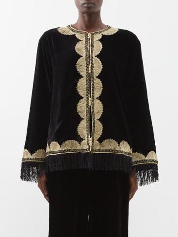 Fil De Vie - Martine Fringed Velvet Jacket - Womens - Black Gold
