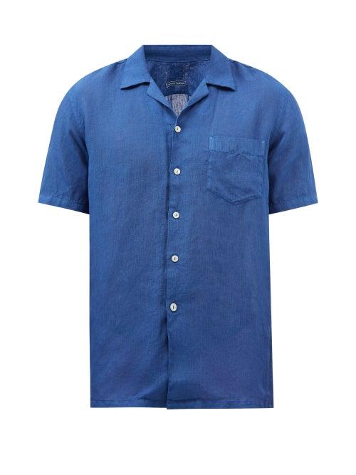 120 Lino 120% Lino - Cuban-collar Slubbed Linen-hopsack Shirt - Mens - Navy