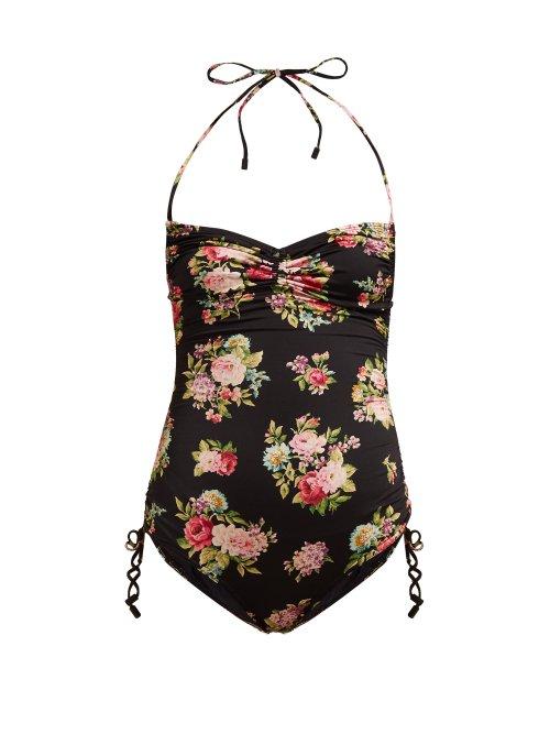 Matchesfashion.com Zimmermann - Honour Ruched Floral Print Swimsuit - Womens - Black