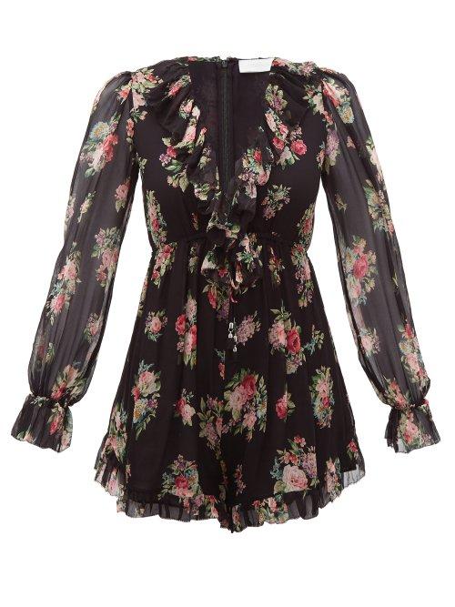 Matchesfashion.com Zimmermann - Honour Floral Print Silk Chiffon Playsuit - Womens - Black