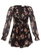 Matchesfashion.com Zimmermann - Honour Floral Print Silk Chiffon Playsuit - Womens - Black