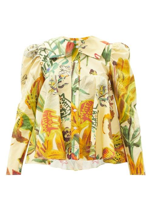 Matchesfashion.com Matty Bovan - Dolly Floral And Logo-print Cotton-poplin Blouse - Womens - Yellow Multi