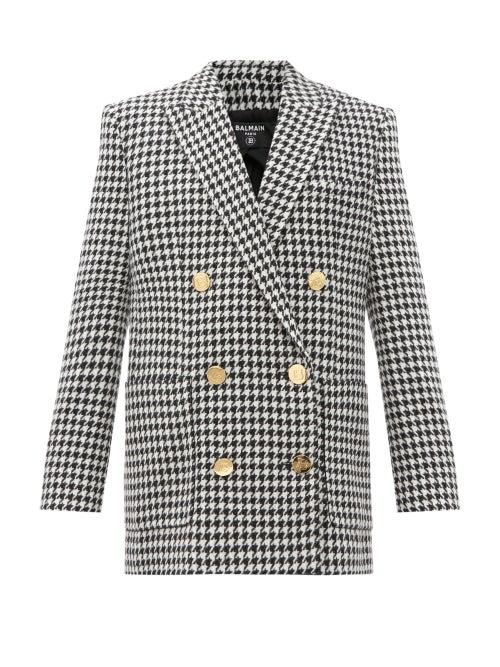 Matchesfashion.com Balmain - Double-breasted Houndstooth Wool-blend Jacket - Womens - Black White
