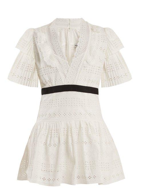 Matchesfashion.com Self-portrait - Deep V Neck Broderie Anglaise Cotton Dress - Womens - White