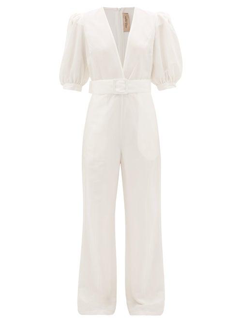 Matchesfashion.com Adriana Degreas - Puff-sleeve Belted Crepe Jumpsuit - Womens - White