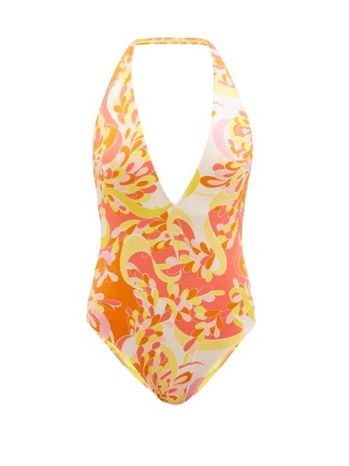 Matchesfashion.com Emilio Pucci - Lilly-print Halterneck Swimsuit - Womens - Orange Print