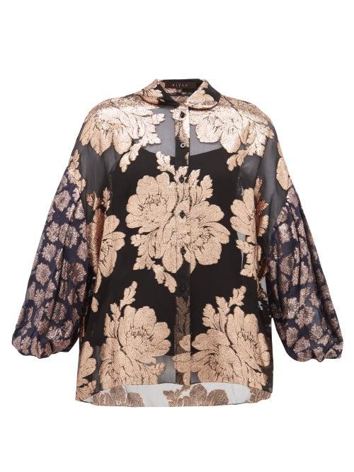 Matchesfashion.com Biyan - Syalendra Metallic Floral Silk-chiffon Blouse - Womens - Black Navy