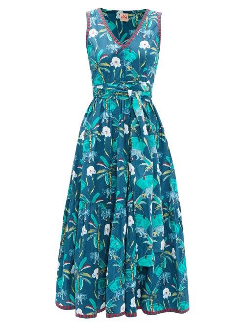 Matchesfashion.com Le Sirenuse, Positano - Evelin Tiger Coconut-print Cotton Midi Dress - Womens - Navy Print