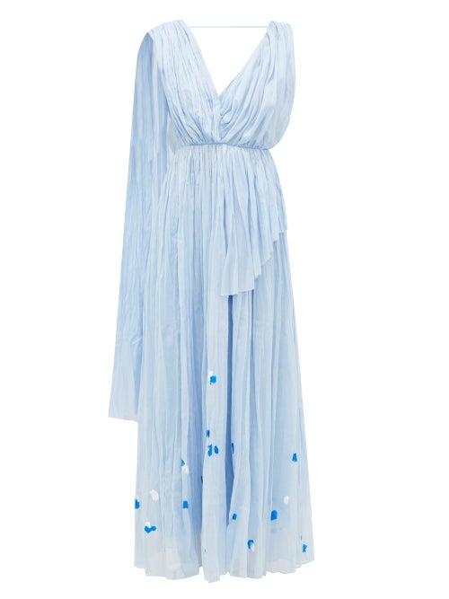 Matchesfashion.com Vika Gazinskaya - Painted Gathered Cotton-voile Maxi Dress - Womens - Blue Print