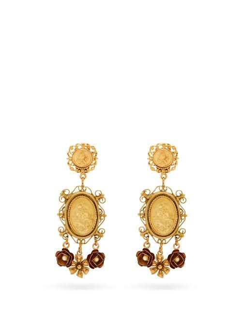 Matchesfashion.com Dolce & Gabbana - Cameo Flower Drop Coin Earrings - Womens - Gold