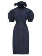 Matchesfashion.com Symonds Pearmain - Ruffled-neck Puff-sleeved Taffeta Dress - Womens - Navy