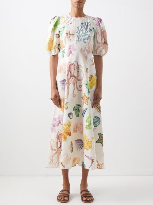 Ale Mais - Adella Atlantis-print Linen-voile Midi Dress - Womens - Cream Print