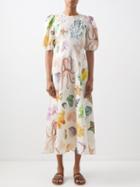 Ale Mais - Adella Atlantis-print Linen-voile Midi Dress - Womens - Cream Print