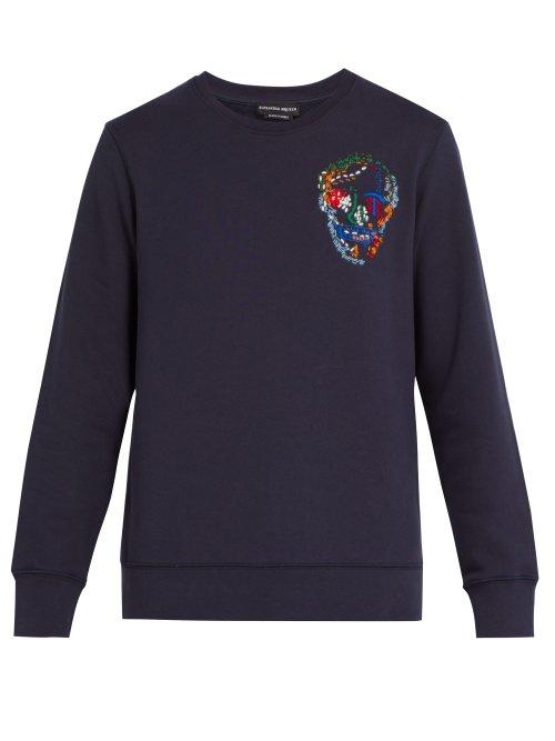 Matchesfashion.com Alexander Mcqueen - Skull Embroidered Cotton Sweatshirt - Mens - Navy