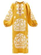 Vita Kin - Shalimar Floral-appliqu Linen Midi Dress - Womens - Yellow Multi