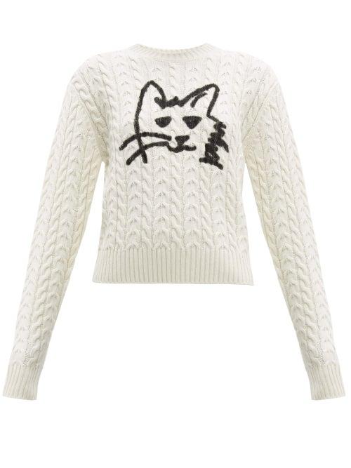 Matchesfashion.com Msgm - Graffiti Cat Print Wool Blend Cable Knit Sweater - Womens - Ivory