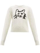 Matchesfashion.com Msgm - Graffiti Cat Print Wool Blend Cable Knit Sweater - Womens - Ivory