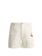 Matchesfashion.com Bliss And Mischief - Cherry Embroidered High Rise Denim Shorts - Womens - Ivory