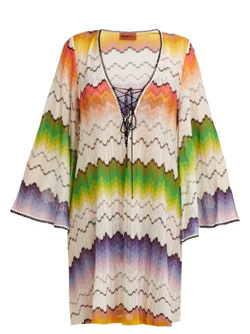 Matchesfashion.com Missoni Mare - Zigzag Pattern Lace Up Kaftan - Womens - White Multi