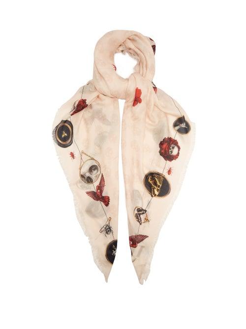Matchesfashion.com Alexander Mcqueen - Cameo Biker Skull-print Fine-knit Scarf - Womens - Light Pink Multi