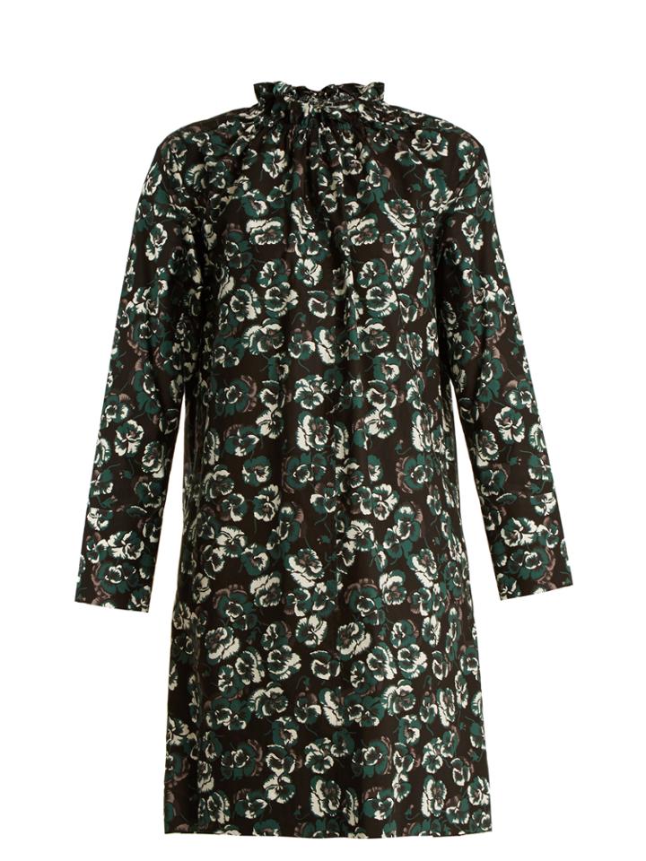 Marni Poetry Flower-print Ruffled-neck Cotton Mini Dress