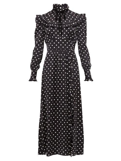 Matchesfashion.com Alessandra Rich - Ruffled Polka Dot Silk Charmeuse Dress - Womens - Black White