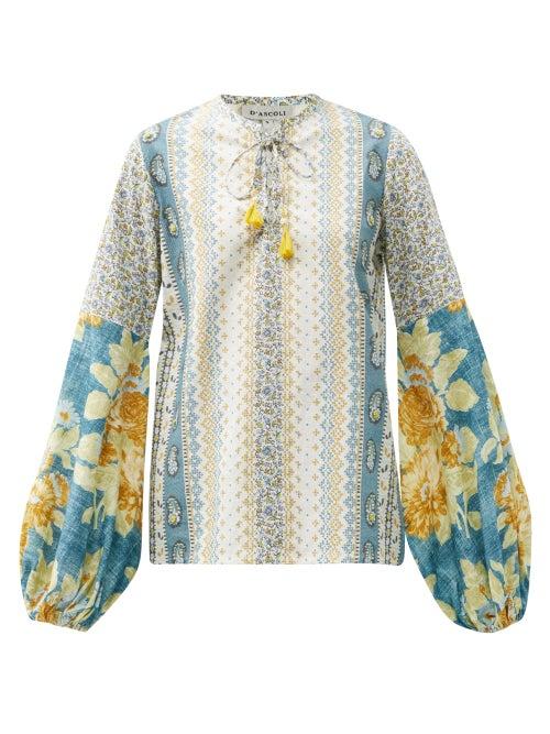 Matchesfashion.com D'ascoli - Tatiana Floral-print Balloon-sleeve Cotton Blouse - Womens - Blue Multi