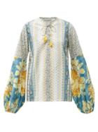 Matchesfashion.com D'ascoli - Tatiana Floral-print Balloon-sleeve Cotton Blouse - Womens - Blue Multi