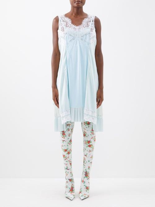 Balenciaga - Patched Lace-trim Satin Slip Dress - Womens - Blue