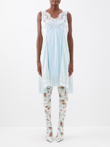 Balenciaga - Patched Lace-trim Satin Slip Dress - Womens - Blue