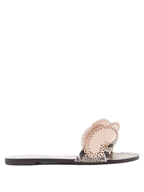 Matchesfashion.com Sophia Webster - Soleil Laser Cut Ruffle Leather Slides - Womens - Brown Multi